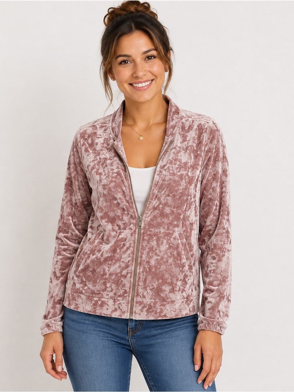 GUESS Crushed Velour Soft Zip-Up Long-Sleeved Track Jacket Size S